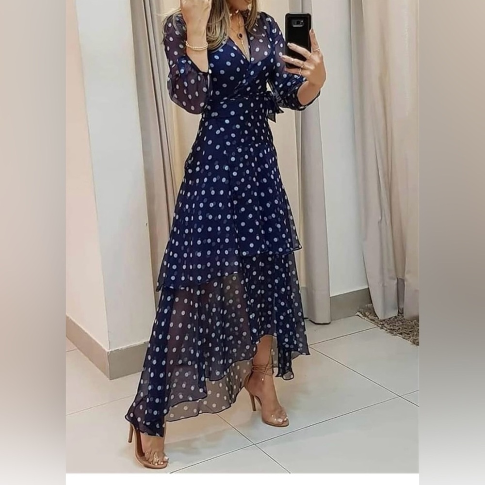 Blue Polka Dot Wrap Dress Layered Ruffle Skirt CBR New Size Medium